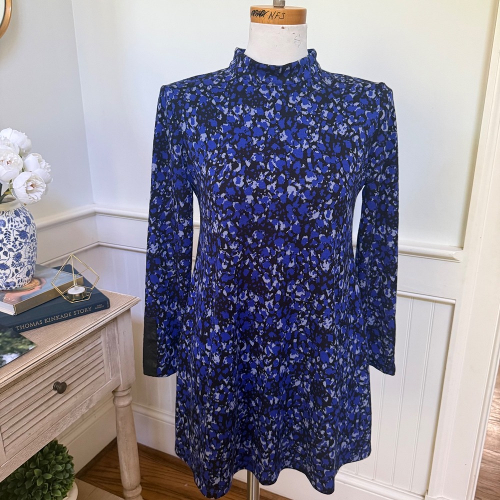 Tyler Boe Blue Abstract Print Mock Neck Dress with Faux Leather Elbow Patches